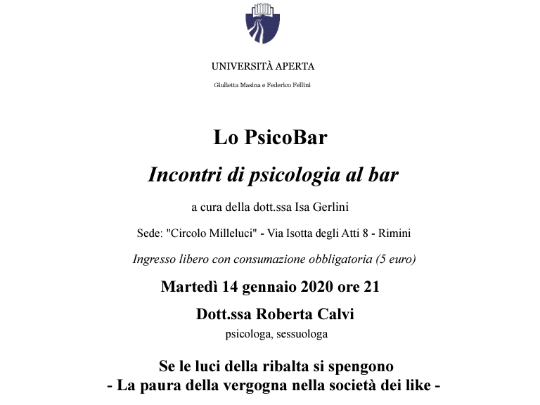 La paura della vergogna nella società dei like | Università Aperta Rimini | 14 gennaio 2020 h 21 Circolo Milleluci | Roberta Calvi Psicologo Sessuologo